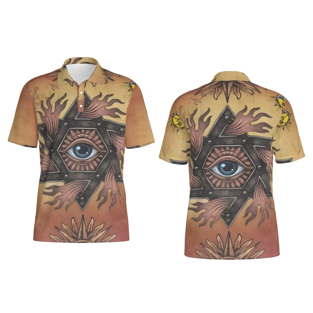 Mystic Eye Mandala Men’s Polo Shirt, Sacred Geometry Embroidered Polo, Spiritual Esoteric Casualwear, Visionary Art Golf Shirt