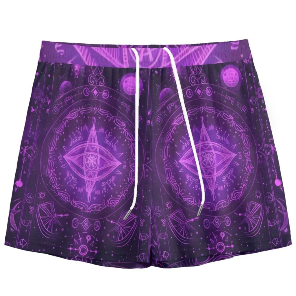 Mystical Fantasy Mesh Shorts, Arcane Magic Symbol Mesh Shorts, Witchcore Celestial Light Mesh Shorts, Vibrant Occult Energy Mesh Shorts, Esoteric Purple Spell Mesh Shorts