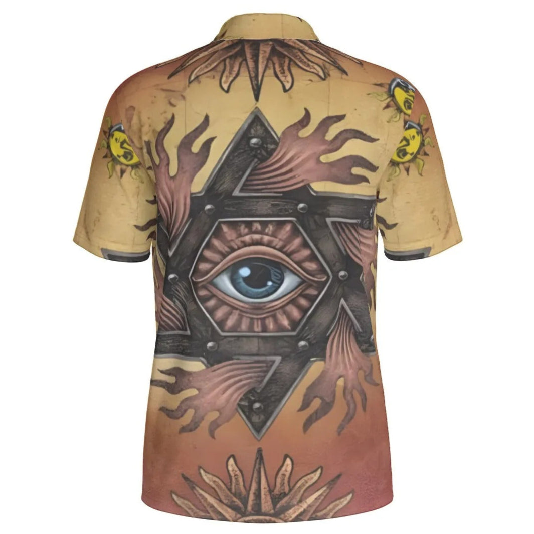 Mystic Eye Mandala Men’s Polo Shirt, Sacred Geometry Embroidered Polo, Spiritual Esoteric Casualwear, Visionary Art Golf Shirt