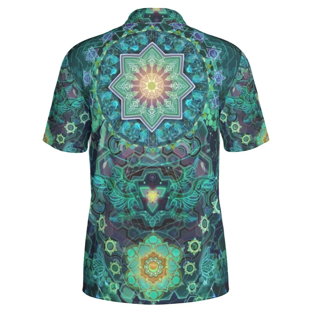 Yantric Geometry Polo, Sacred Mandala Energy Polo, Mystic Geometric Light Polo, Vibrant Spiritual Pattern Polo, Celestial Yantra Polo