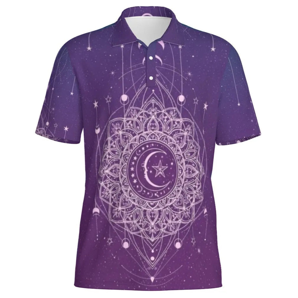 Mystic Lunar Mandala Men’s Polo, Moon Phase Spiritual Shirt, Celestial Lotus Polo Top, Sacred Geometry Cosmic Wear, Boho Mystic Style