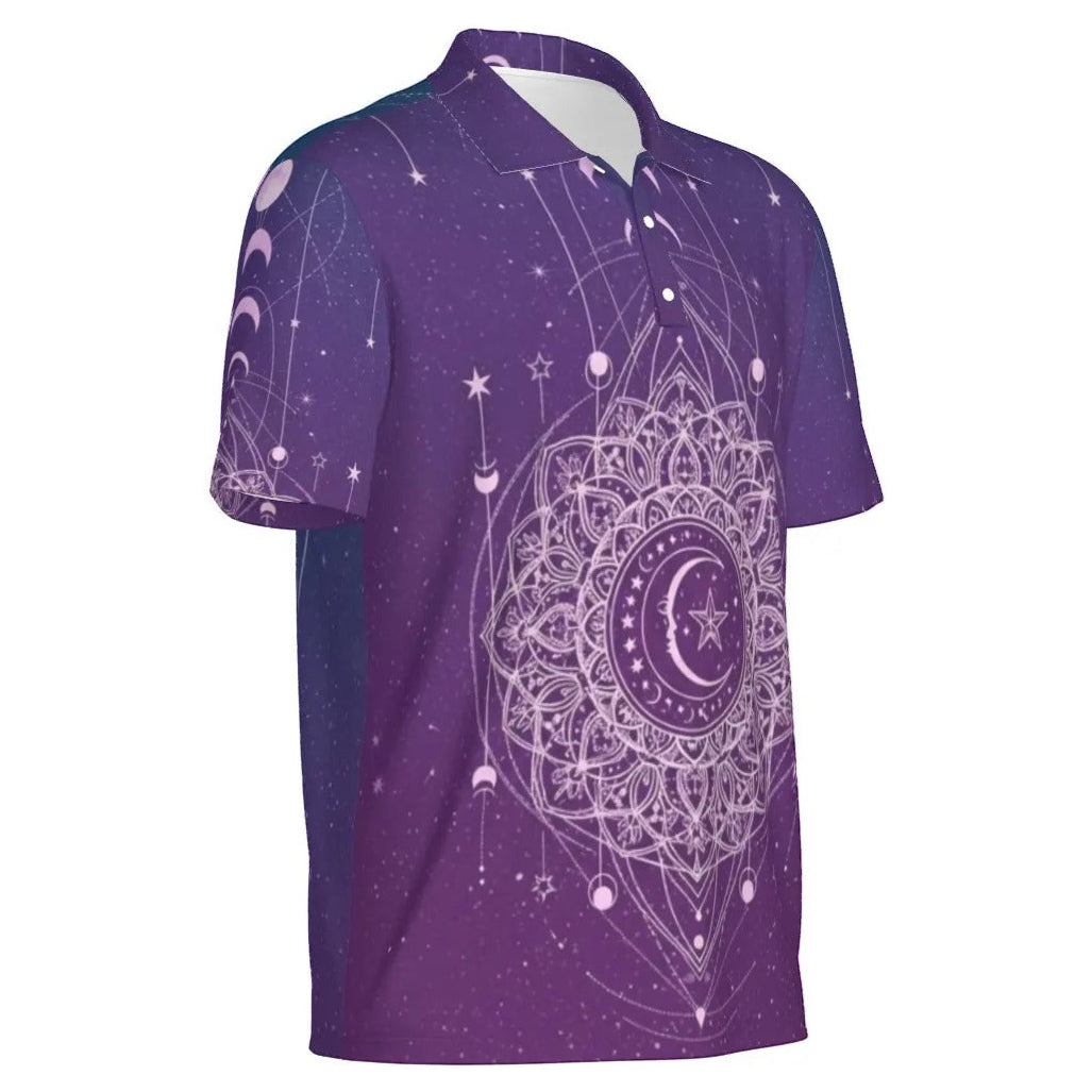 Mystic Lunar Mandala Men’s Polo, Moon Phase Spiritual Shirt, Celestial Lotus Polo Top, Sacred Geometry Cosmic Wear, Boho Mystic Style