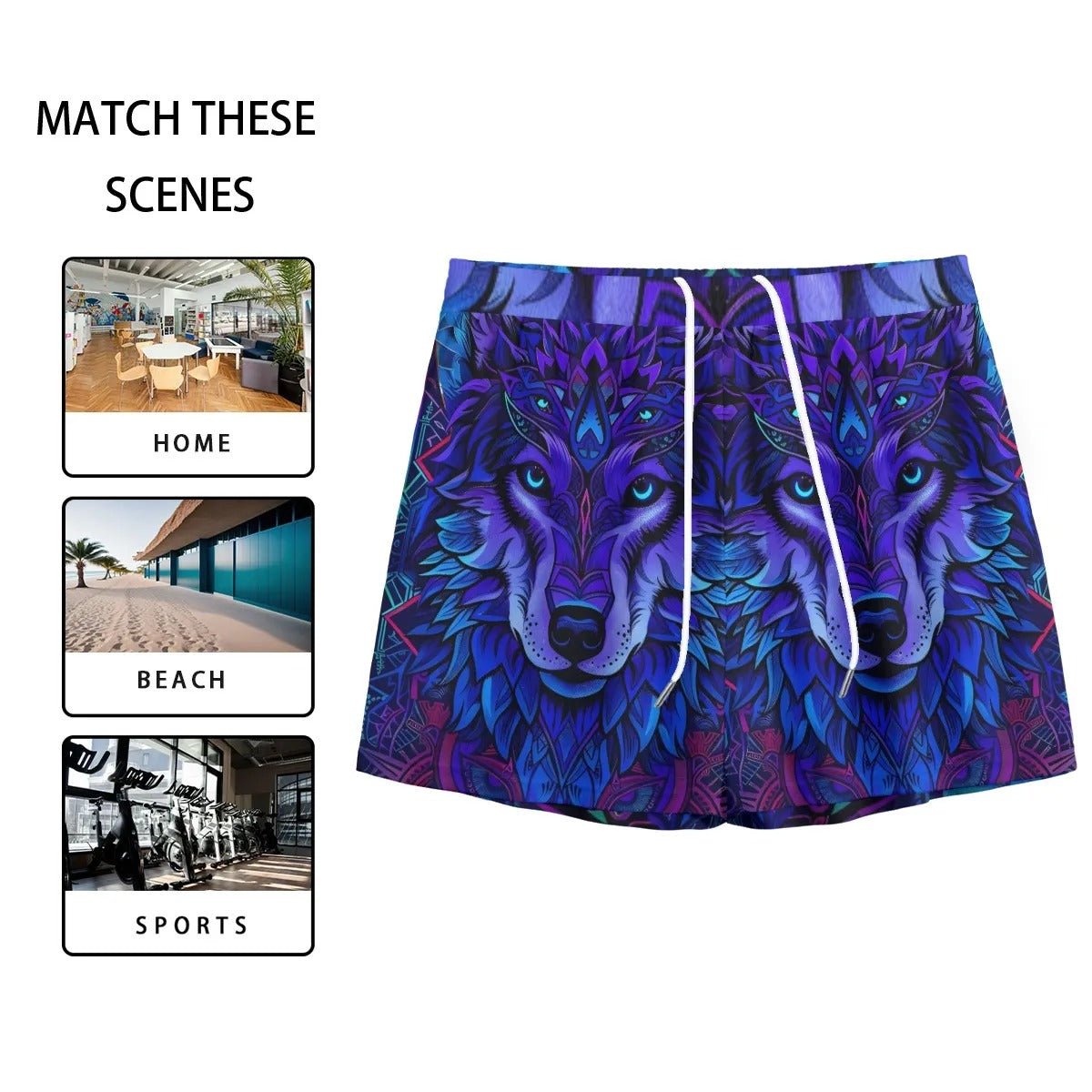 Wolf Mandala Shorts for Men, Tribal Spirit Animal Swim Trunks, Purple Blue Festival Beachwear, Boho Psychedelic Summer Shorts