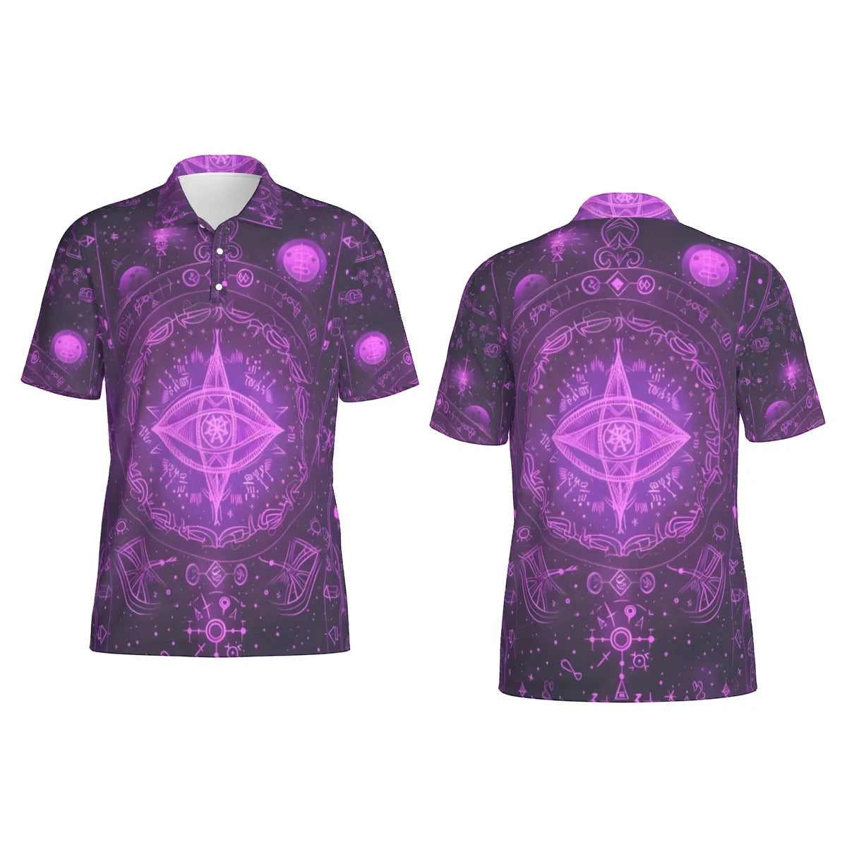 Mystical Fantasy Polo, Arcane Magic Symbol Polo, Witchcore Celestial Light Polo, Vibrant Occult Energy Polo, Esoteric Purple Spell Polo