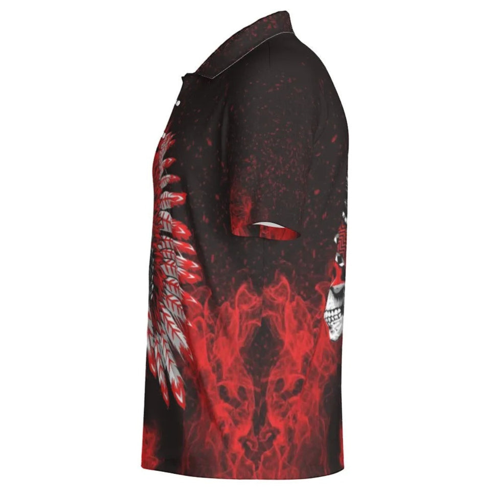 Native American Skull Men’s Polo, Red Feather Headdress Shirt, Tribal Gothic Polo, Red Smoke Graphic Top, Warrior Biker Style