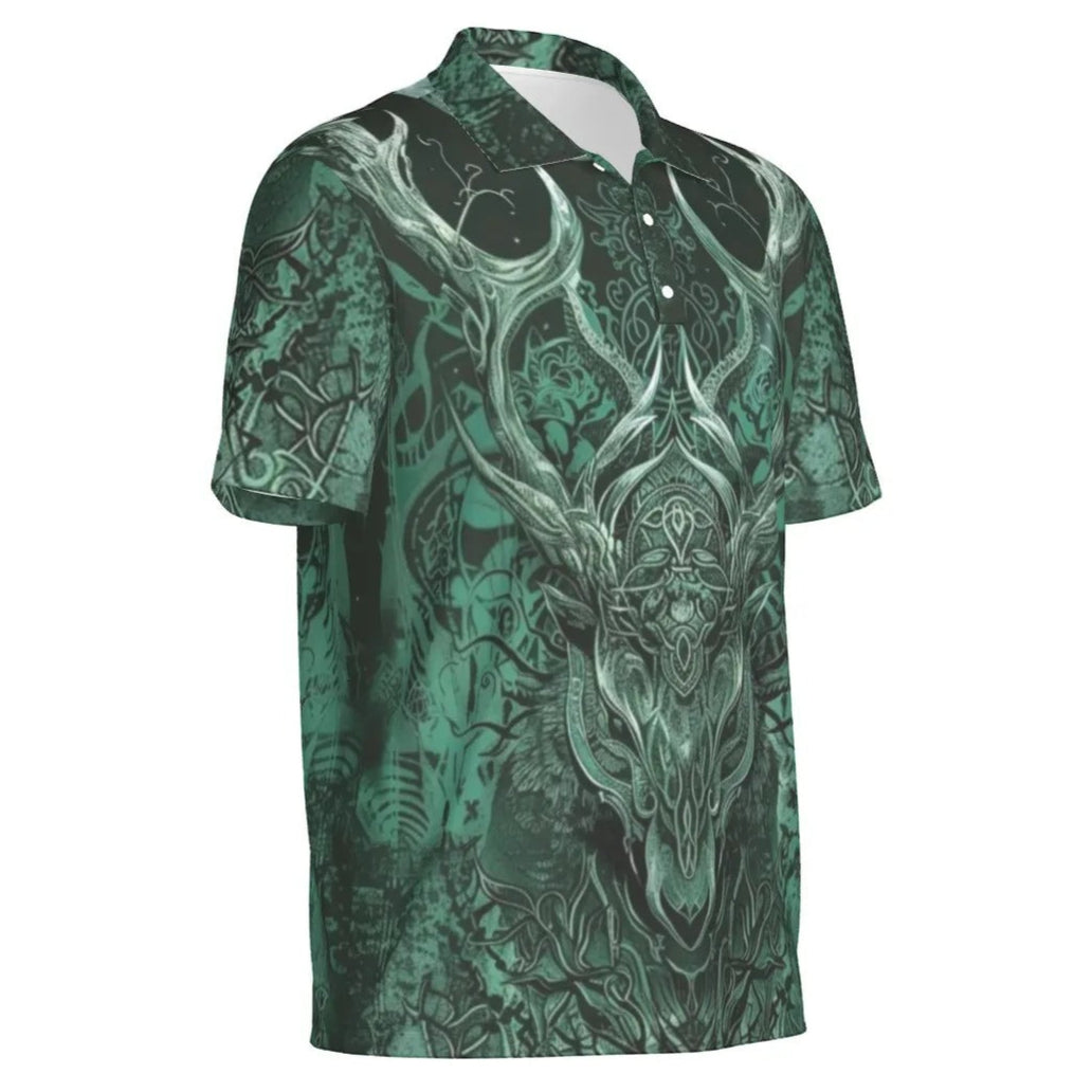 Viking Polo Shirt with Antler Design For Men, Norse Mythology Inspired Graphic Polo, Medieval Fantasy Clothing, Tribal Nature Fashion