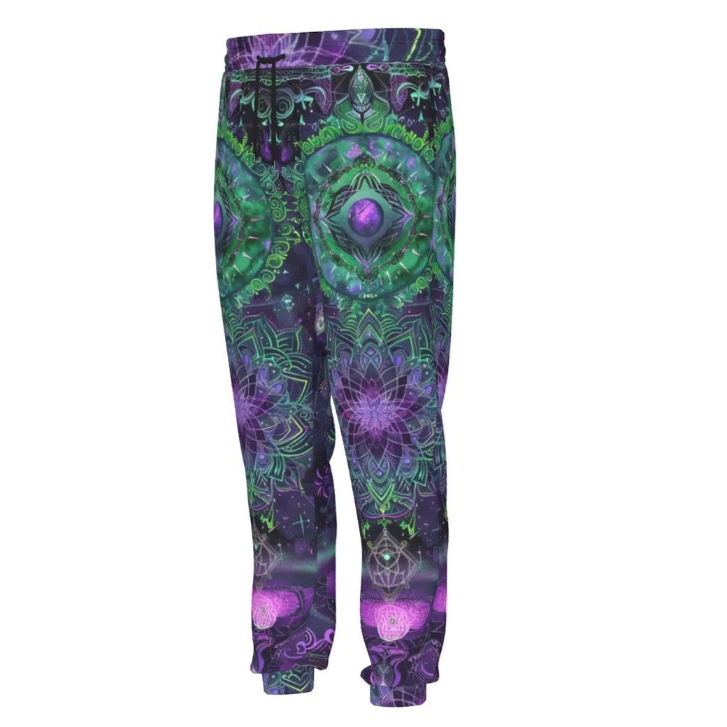 Mystic Aesthetic Joggers, Green Purple Mandala Sweatpants, Sacred Geometry Psychedelic Pants, Visionary Art Bottoms, Spiritual Festival Wear