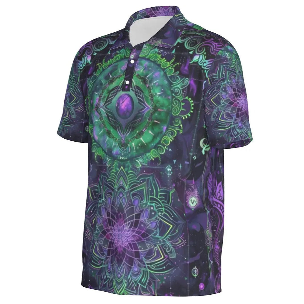 Mystic Aesthetic Polo Shirt, Sacred Geometry Shirt, Purple Green Top, Psychedelic Festival Wear, Spiritual Clothing, Boho Mystic Fashion, Men's Women Polo Tee