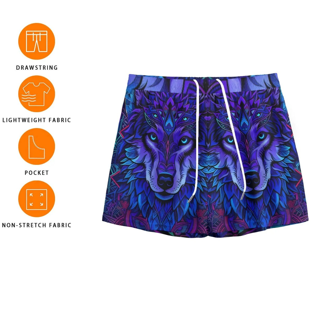 Wolf Mandala Shorts for Men, Tribal Spirit Animal Swim Trunks, Purple Blue Festival Beachwear, Boho Psychedelic Summer Shorts