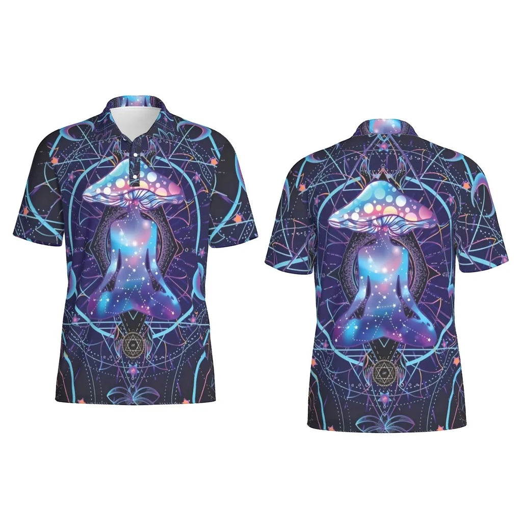 Mystic Mushroom Awakening Men’s Polo, Psychedelic Spiritual Shirt, Cosmic Mushroom Print Polo, Visionary Art Top, Boho Festival Style