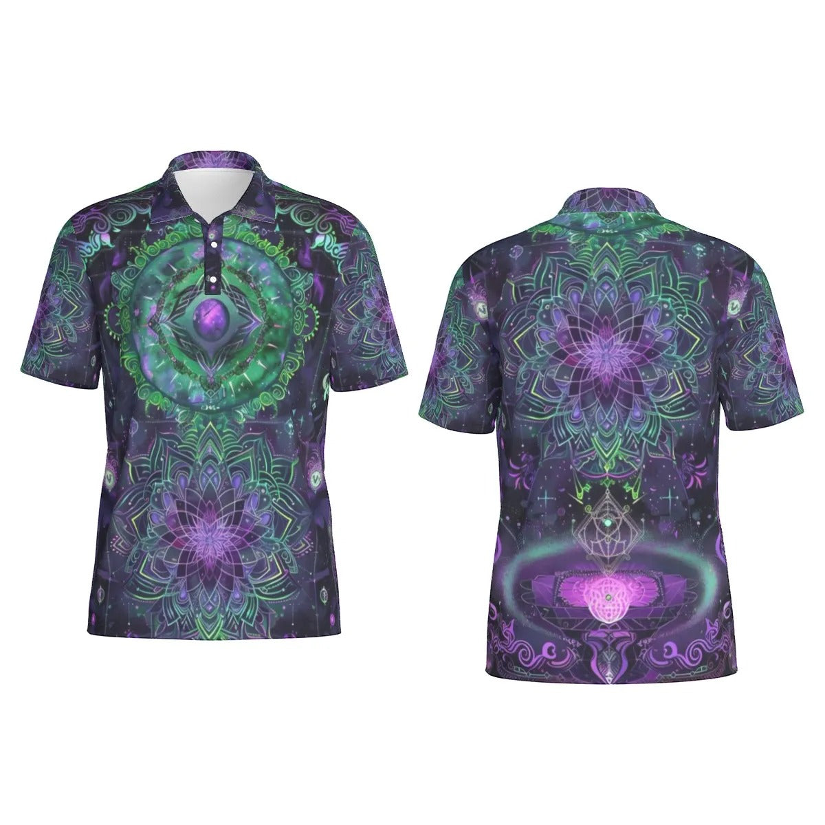 Mystic Aesthetic Polo Shirt, Sacred Geometry Shirt, Purple Green Top, Psychedelic Festival Wear, Spiritual Clothing, Boho Mystic Fashion, Men's Women Polo Tee