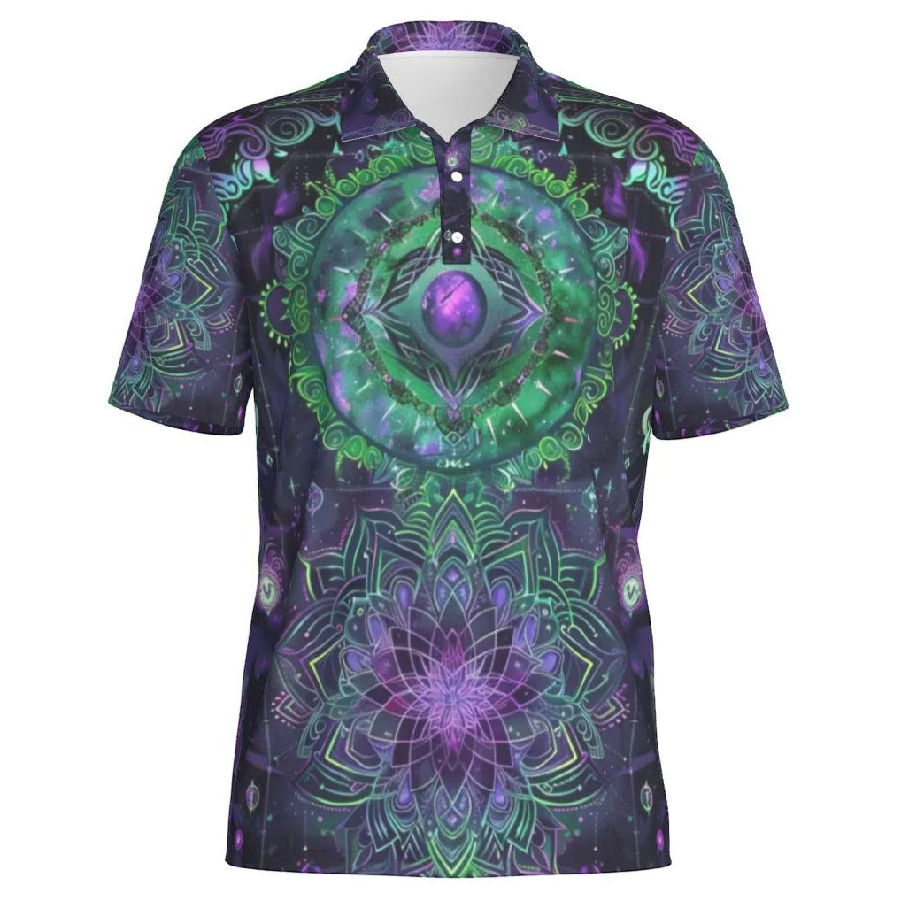 Mystic Aesthetic Polo Shirt, Sacred Geometry Shirt, Purple Green Top, Psychedelic Festival Wear, Spiritual Clothing, Boho Mystic Fashion, Men's Women Polo Tee