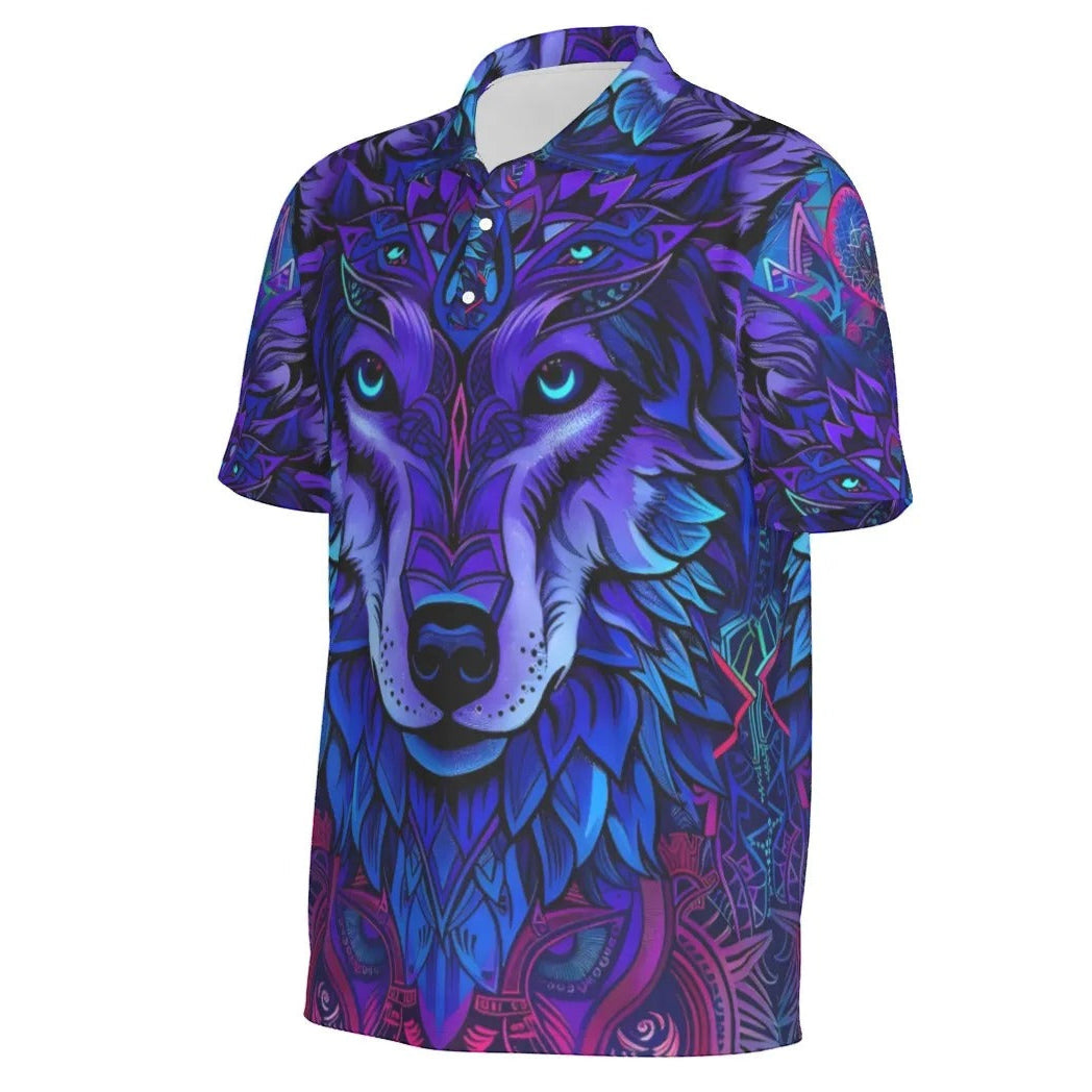 Wolf Mandala Polo Shirt for Men – Purple Tribal Spirit Animal Print, Boho Festival Button-Up Tee, Psychedelic Graphic Top