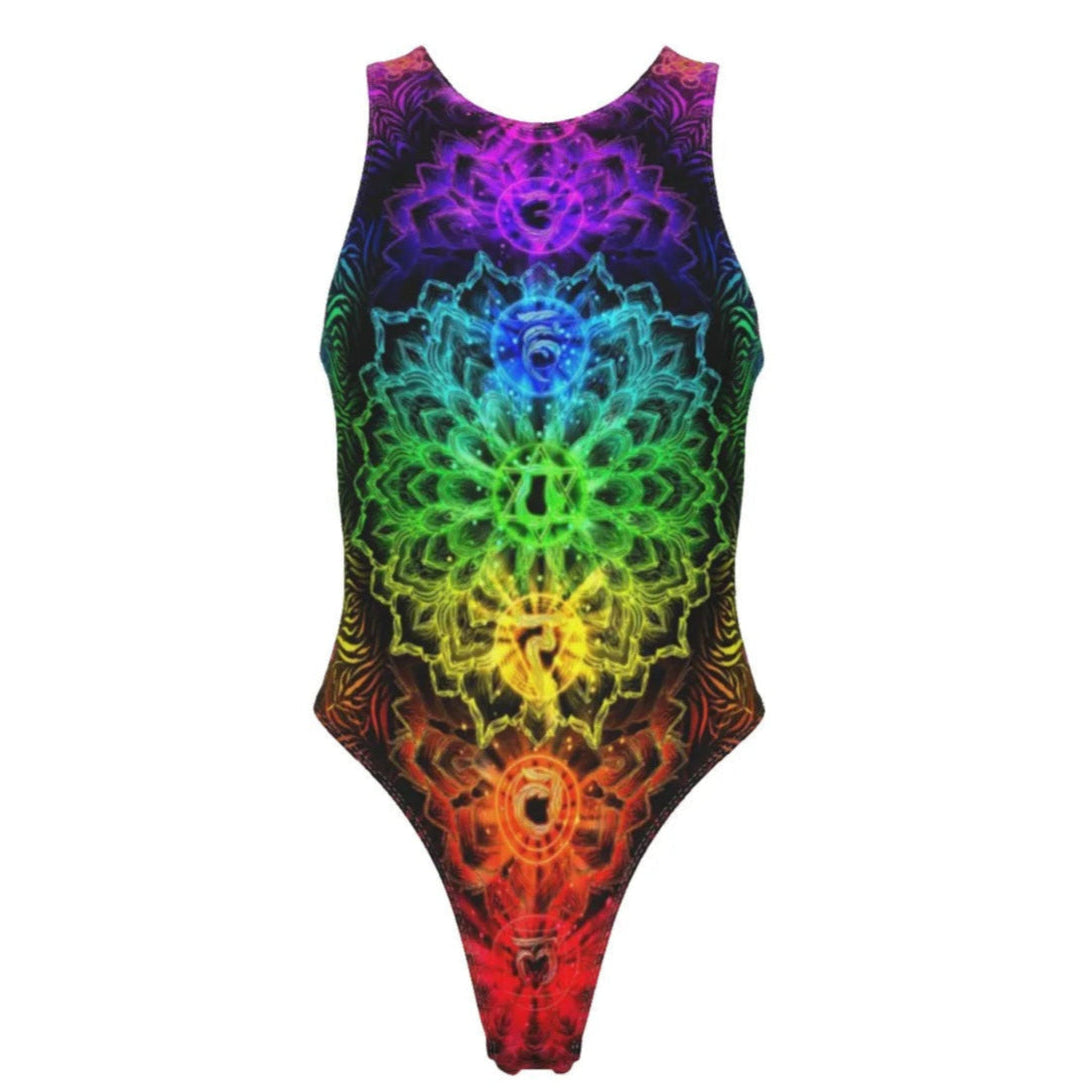 Sacred Chakra Mandala Tank Bodysuit, Vibrant Rainbow Energy Healing Swimsuit, Spiritual Energy Symbol, Colorful Sacred Geometry Tank Bodysuit, Mandala Tank Bodysuit