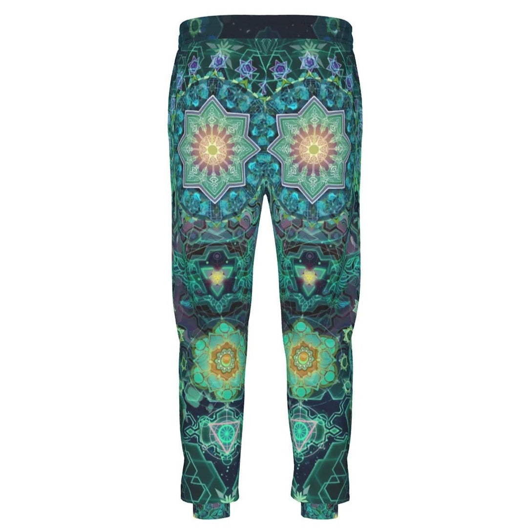 Yantric Geometry Joggers, Sacred Mandala Sweatpants, Mystic Green Pattern Pants, Spiritual Visionary Art Bottoms, Psychedelic Festival Wear