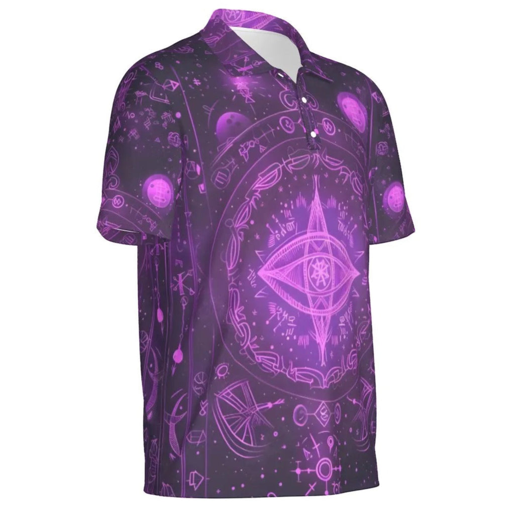 Mystical Fantasy Polo, Arcane Magic Symbol Polo, Witchcore Celestial Light Polo, Vibrant Occult Energy Polo, Esoteric Purple Spell Polo