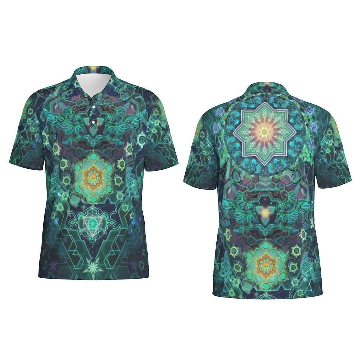 Yantric Geometry Polo, Sacred Mandala Energy Polo, Mystic Geometric Light Polo, Vibrant Spiritual Pattern Polo, Celestial Yantra Polo