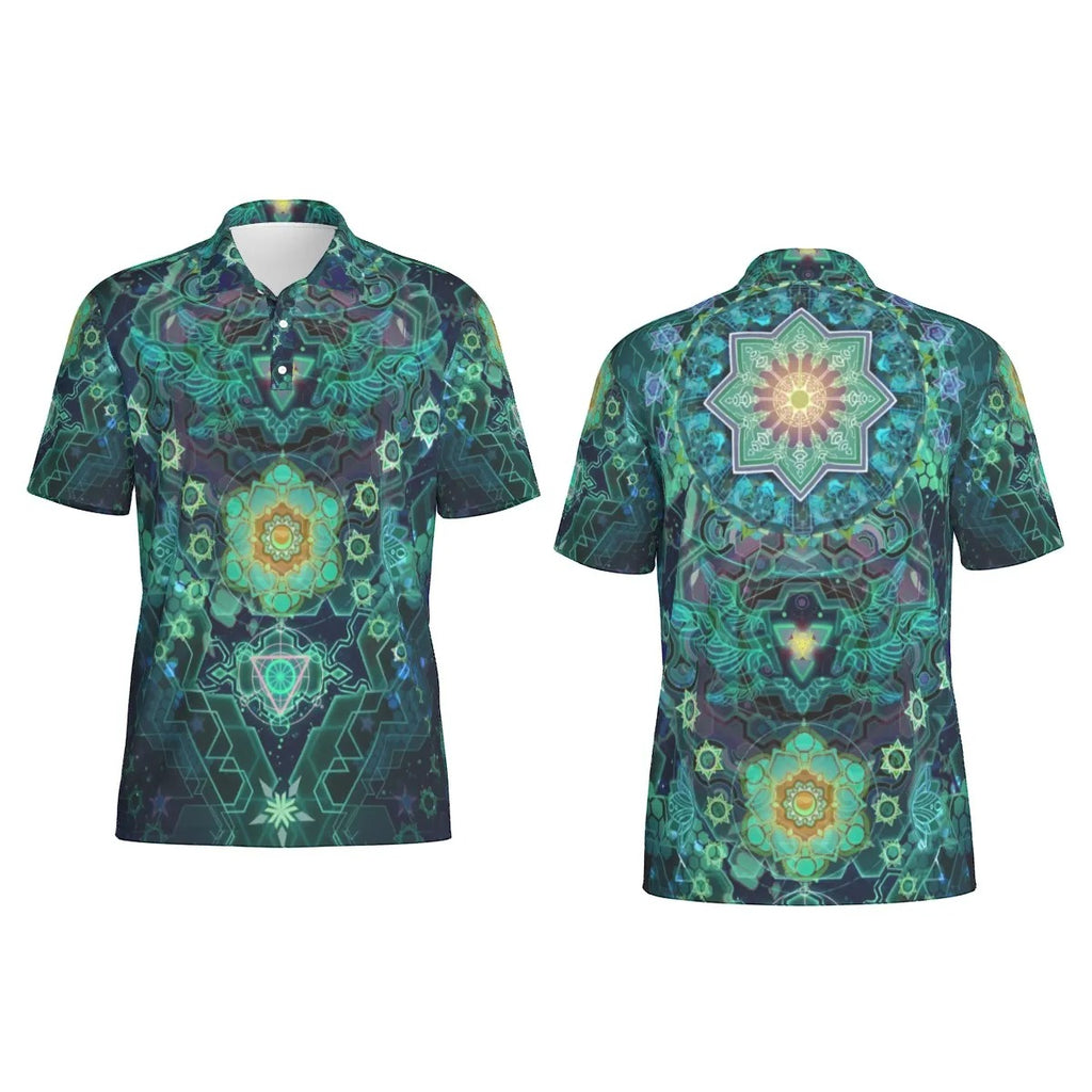 Yantric Geometry Polo, Sacred Mandala Energy Polo, Mystic Geometric Light Polo, Vibrant Spiritual Pattern Polo, Celestial Yantra Polo