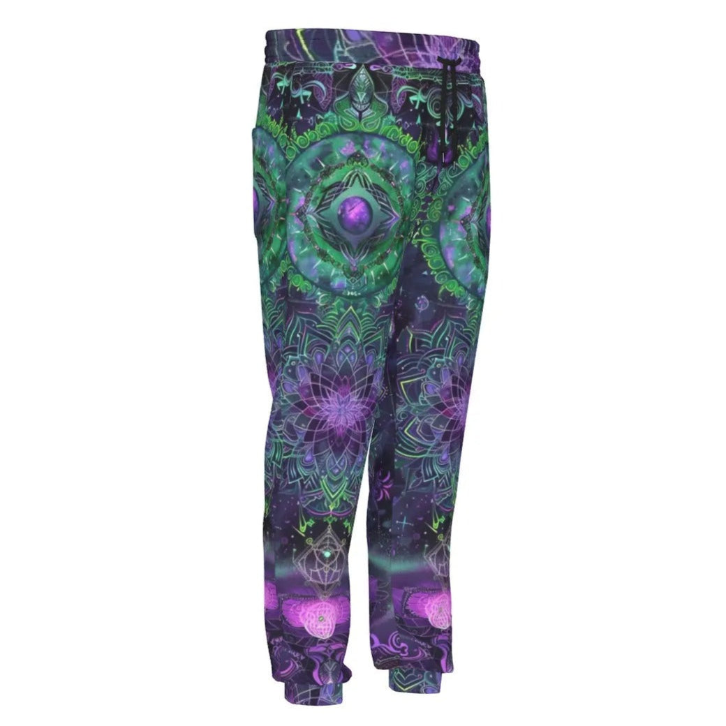 Mystic Aesthetic Joggers, Green Purple Mandala Sweatpants, Sacred Geometry Psychedelic Pants, Visionary Art Bottoms, Spiritual Festival Wear