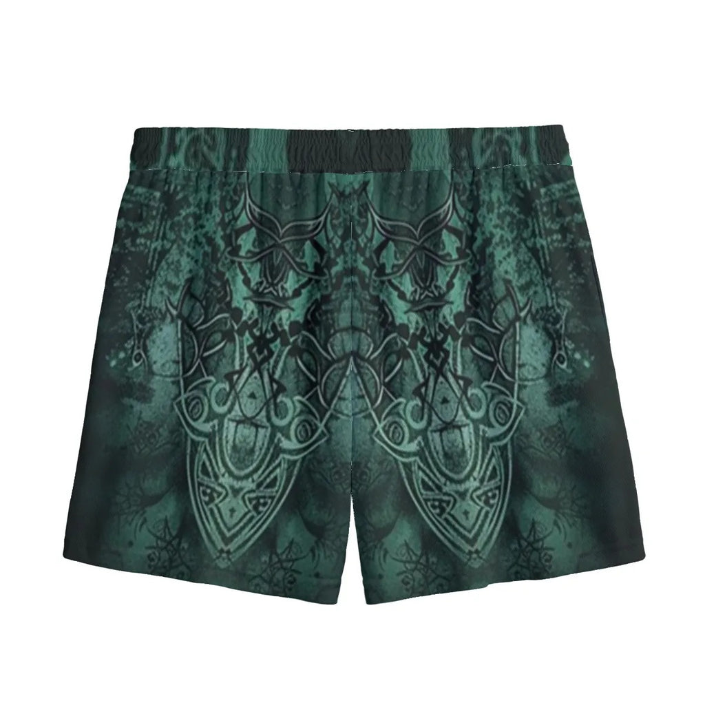 Viking Mesh Shorts with Antler Design, Norse Mythology Inspired Athletic Shorts, Tribal Graphic Beachwear, Fantasy Sports Clothing