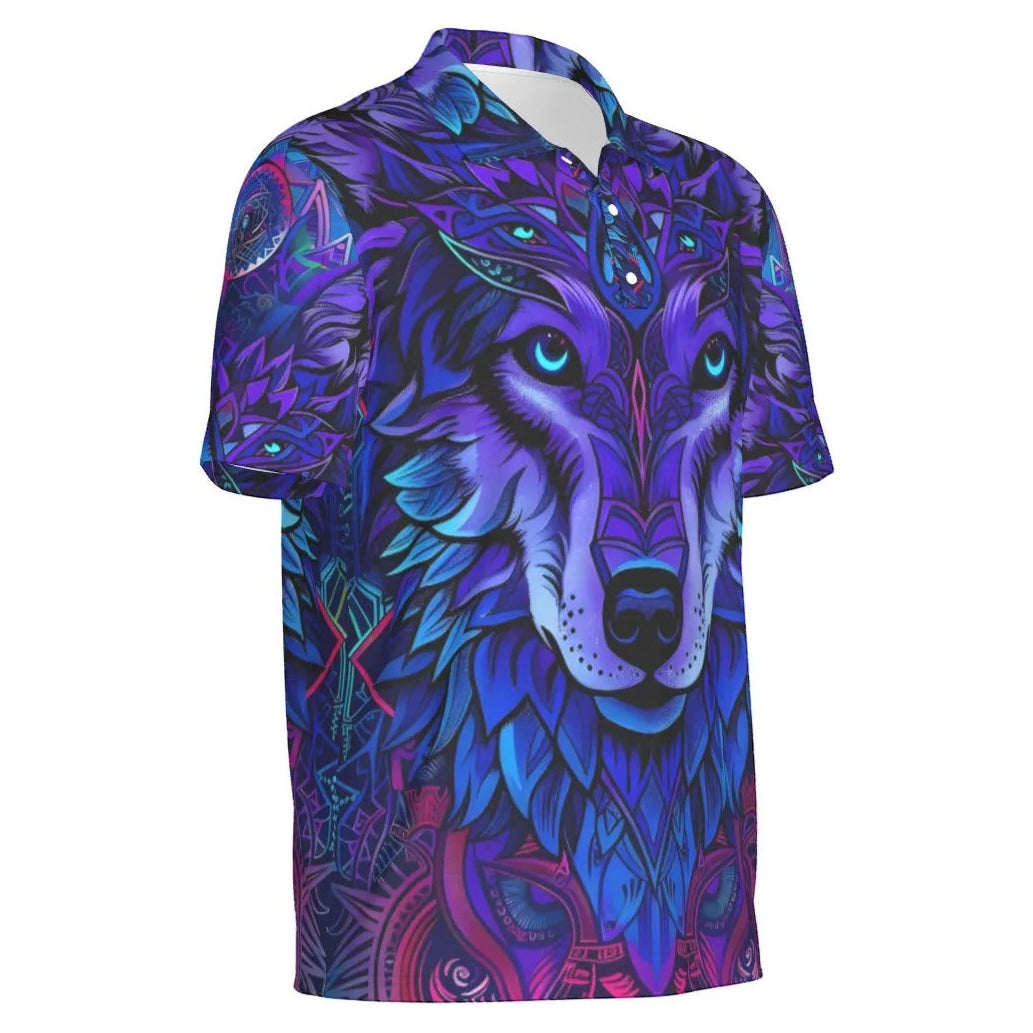 Wolf Mandala Polo Shirt for Men – Purple Tribal Spirit Animal Print, Boho Festival Button-Up Tee, Psychedelic Graphic Top