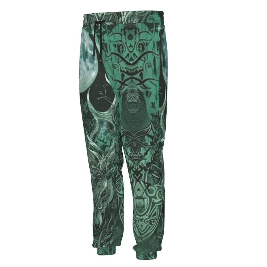 Viking Moon Joggers, Norse Rune Green Sweatpants, Tribal Nordic Pants, Mystic Lunar Graphic Bottoms, Warrior Spirit Streetwear