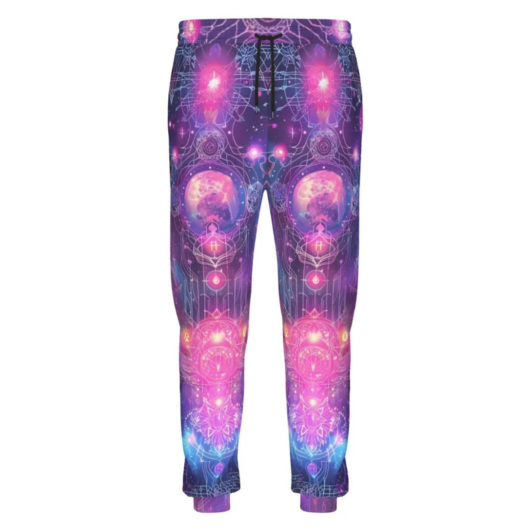 Cosmic Mysticism Joggers, Neon Galaxy Sweatpants, Sacred Geometry Space Pants, Psychedelic Astral Graphic Bottoms, Visionary Spiritual Wear