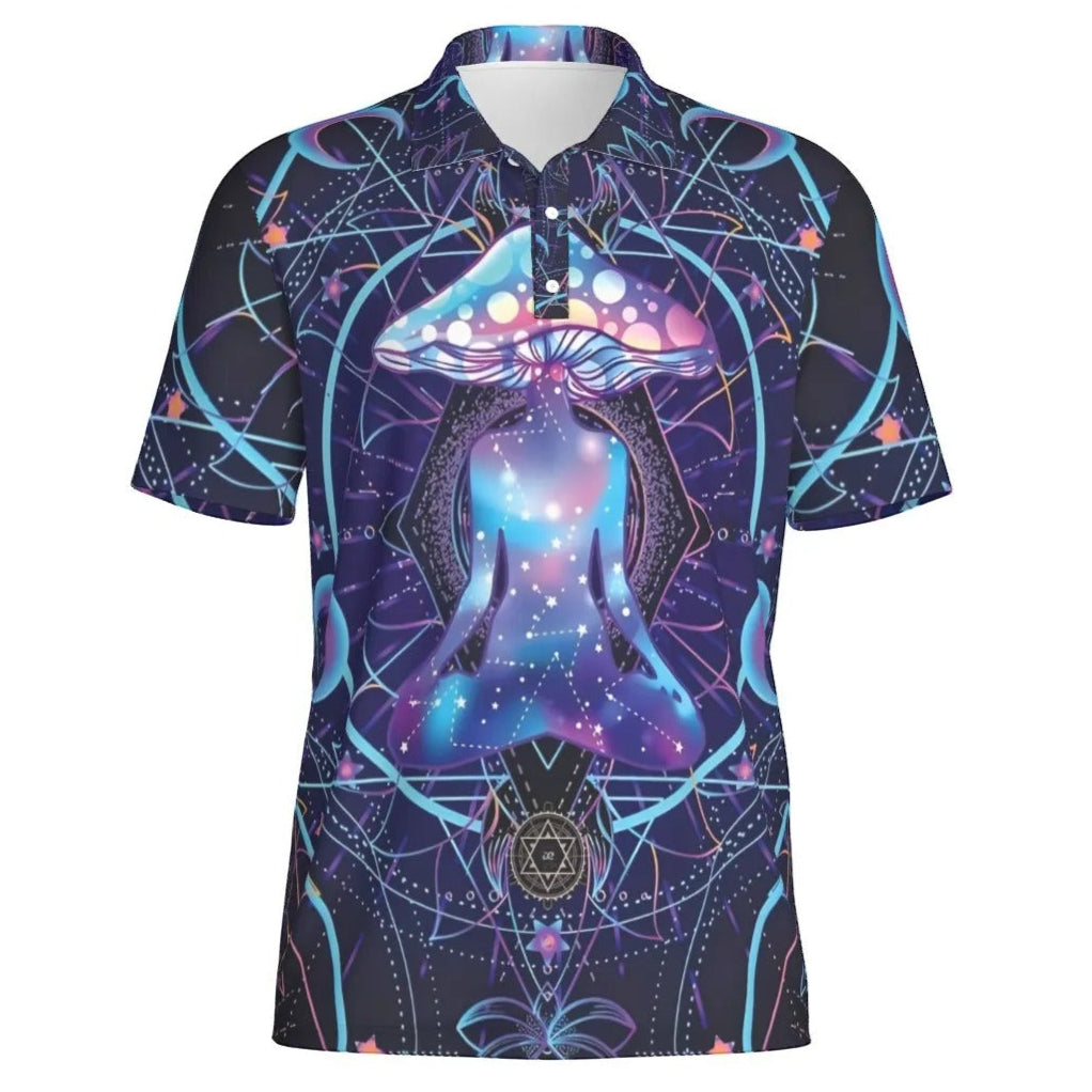 Mystic Mushroom Awakening Men’s Polo, Psychedelic Spiritual Shirt, Cosmic Mushroom Print Polo, Visionary Art Top, Boho Festival Style