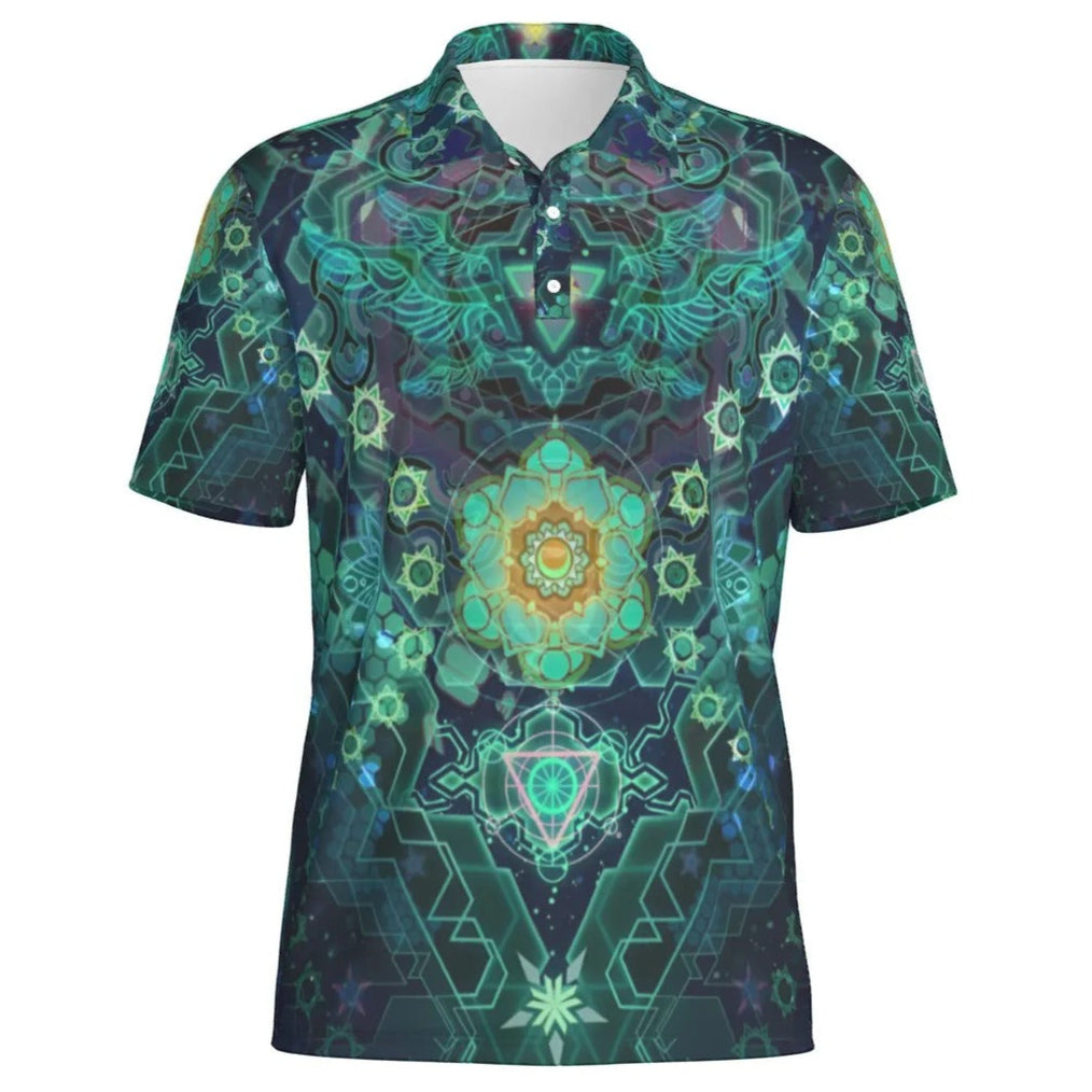 Yantric Geometry Polo, Sacred Mandala Energy Polo, Mystic Geometric Light Polo, Vibrant Spiritual Pattern Polo, Celestial Yantra Polo