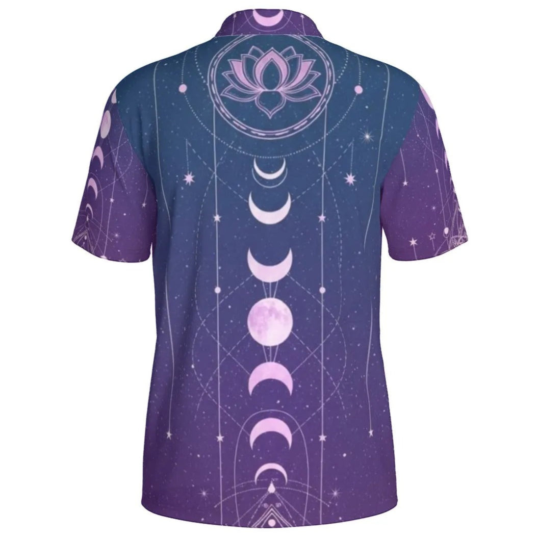 Mystic Lunar Mandala Men’s Polo, Moon Phase Spiritual Shirt, Celestial Lotus Polo Top, Sacred Geometry Cosmic Wear, Boho Mystic Style
