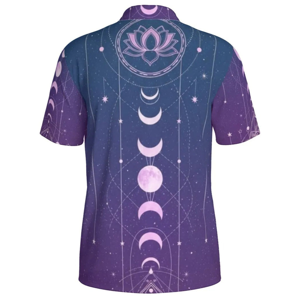 Mystic Lunar Mandala Men’s Polo, Moon Phase Spiritual Shirt, Celestial Lotus Polo Top, Sacred Geometry Cosmic Wear, Boho Mystic Style