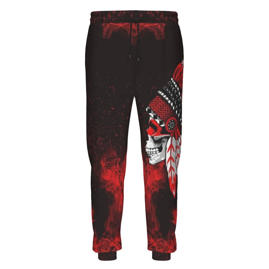 Native American Skull Joggers, Red Feather Headdress Pants, Tribal Gothic Sweatpants, Red Smoke Graphic Bottoms, Warrior Biker Style
