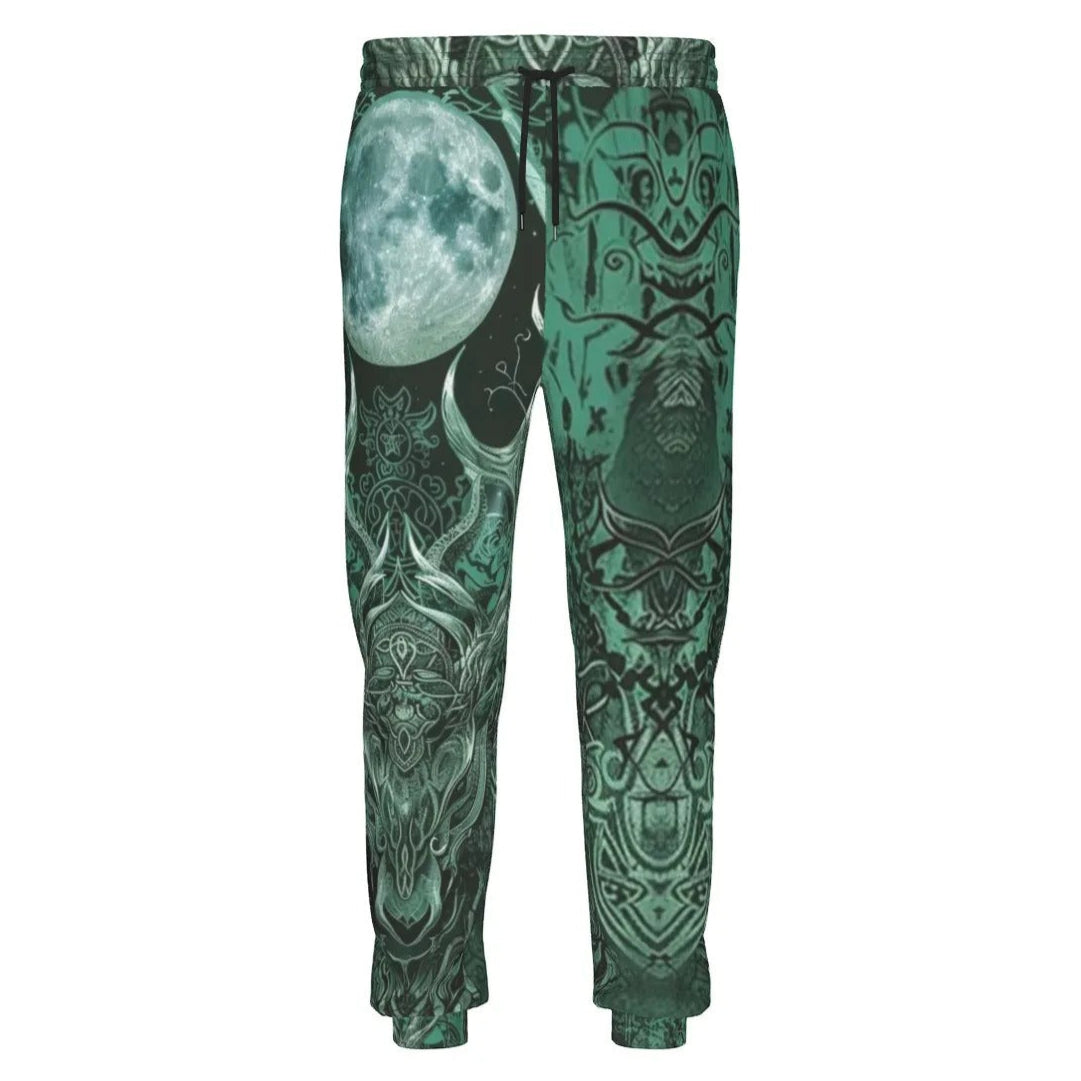 Viking Moon Joggers, Norse Rune Green Sweatpants, Tribal Nordic Pants, Mystic Lunar Graphic Bottoms, Warrior Spirit Streetwear