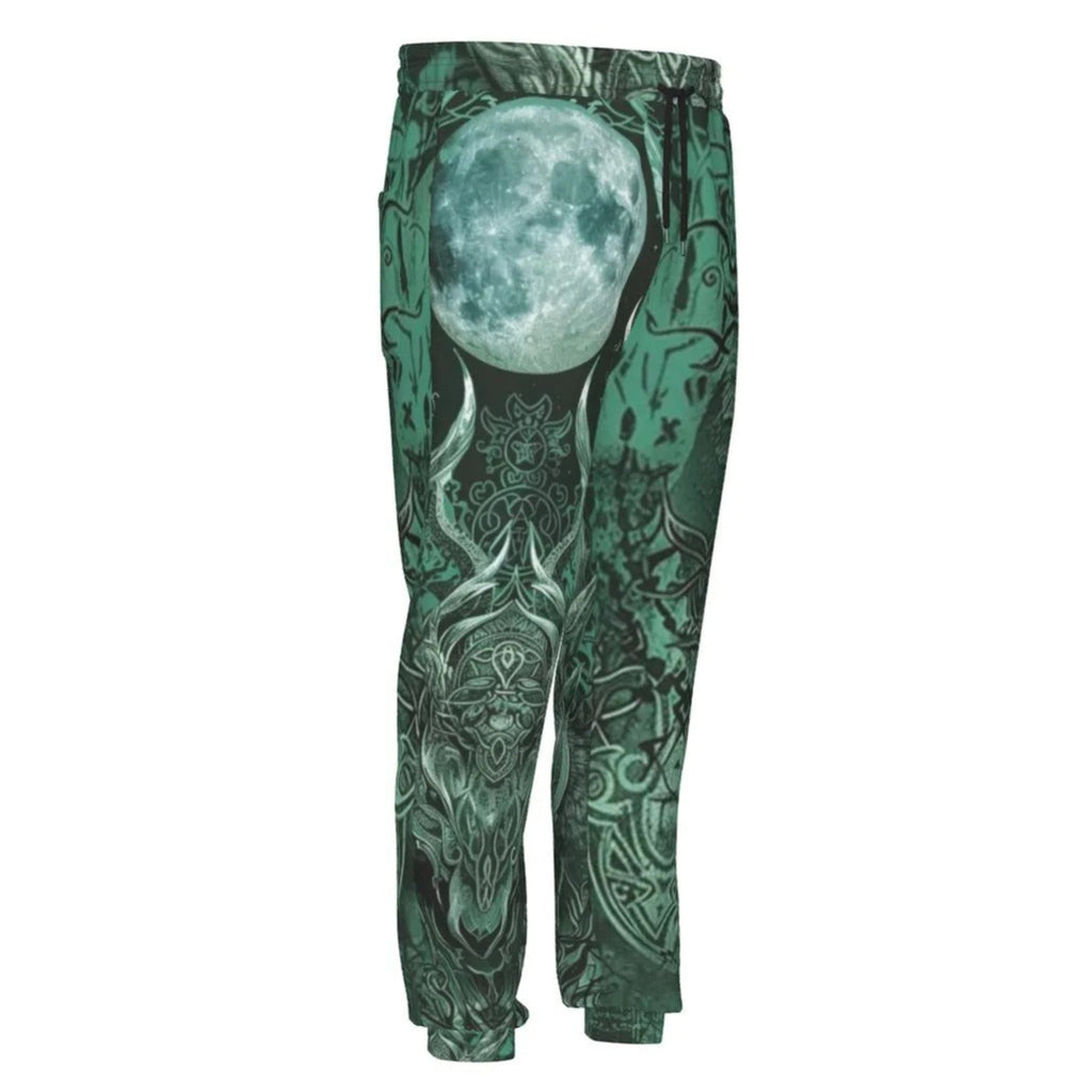 Viking Moon Joggers, Norse Rune Green Sweatpants, Tribal Nordic Pants, Mystic Lunar Graphic Bottoms, Warrior Spirit Streetwear