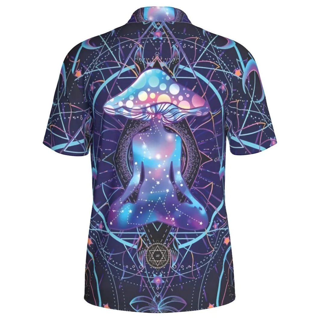Mystic Mushroom Awakening Men’s Polo, Psychedelic Spiritual Shirt, Cosmic Mushroom Print Polo, Visionary Art Top, Boho Festival Style