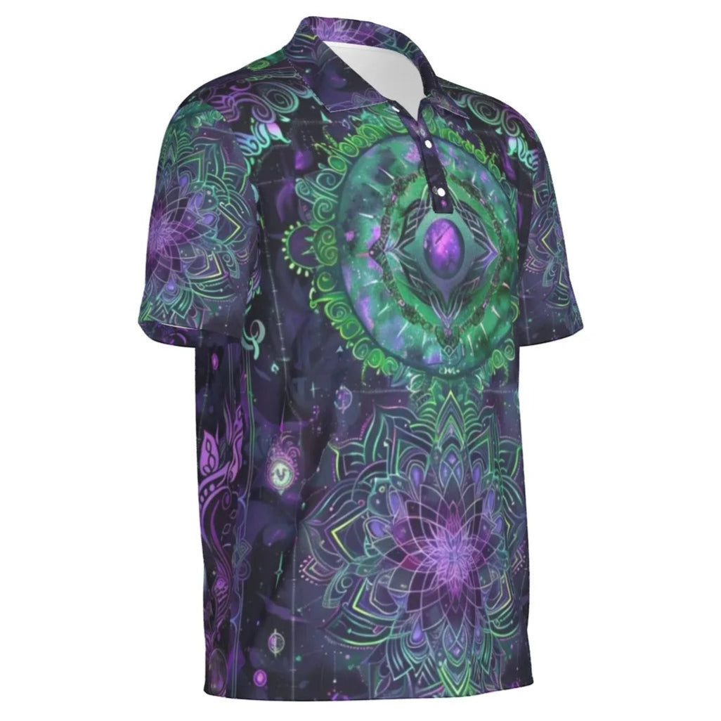Mystic Aesthetic Polo Shirt, Sacred Geometry Shirt, Purple Green Top, Psychedelic Festival Wear, Spiritual Clothing, Boho Mystic Fashion, Men's Women Polo Tee