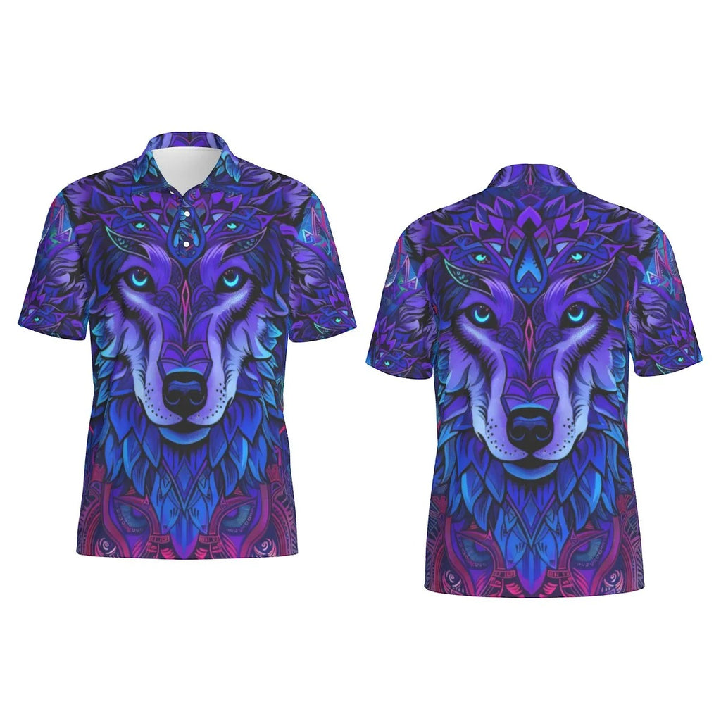 Wolf Mandala Polo Shirt for Men – Purple Tribal Spirit Animal Print, Boho Festival Button-Up Tee, Psychedelic Graphic Top