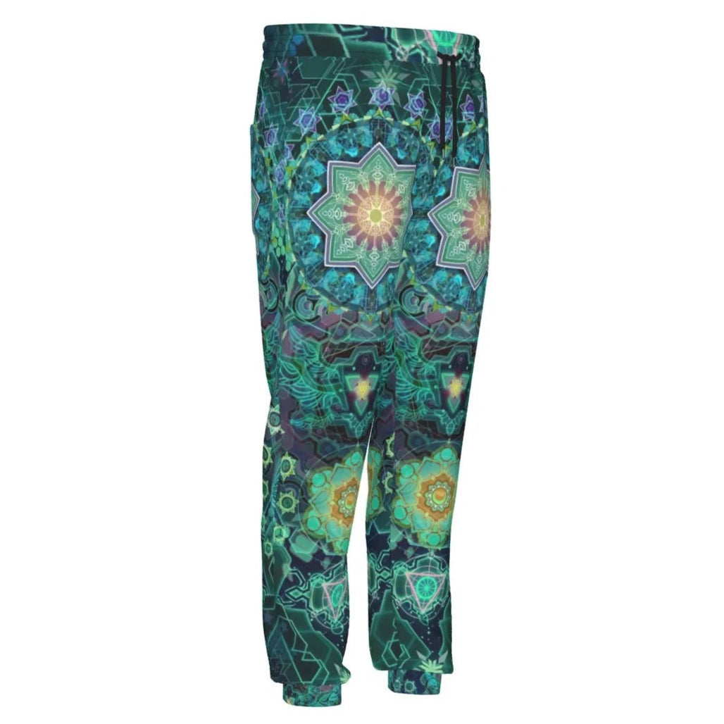 Yantric Geometry Joggers, Sacred Mandala Sweatpants, Mystic Green Pattern Pants, Spiritual Visionary Art Bottoms, Psychedelic Festival Wear