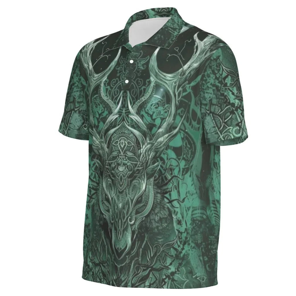 Viking Polo Shirt with Antler Design For Men, Norse Mythology Inspired Graphic Polo, Medieval Fantasy Clothing, Tribal Nature Fashion