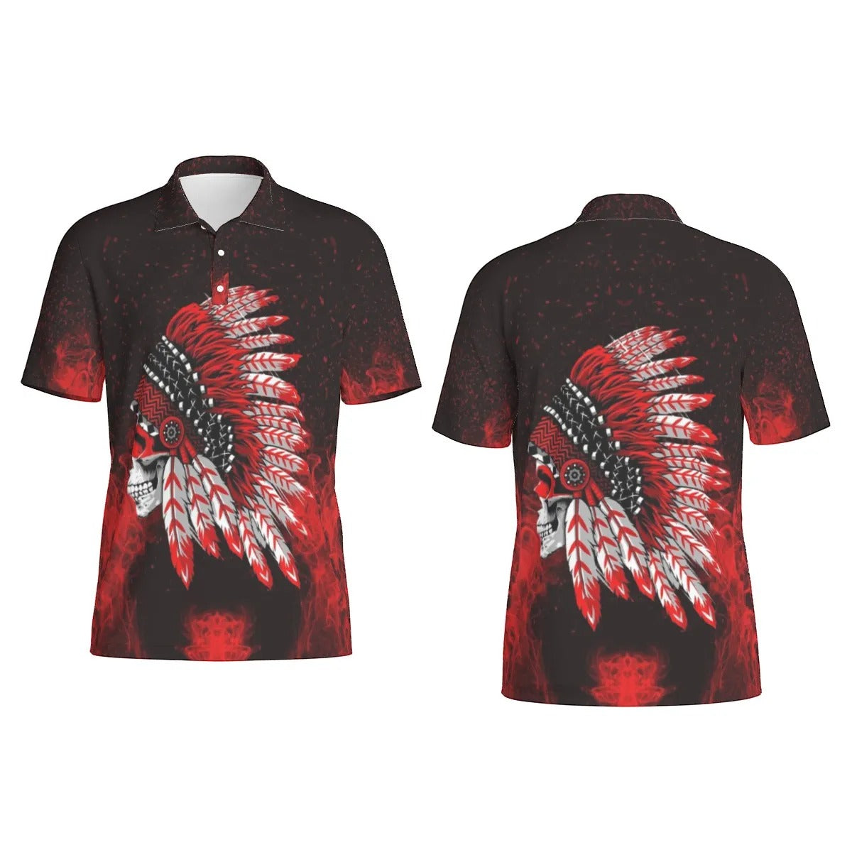 Native American Skull Men’s Polo, Red Feather Headdress Shirt, Tribal Gothic Polo, Red Smoke Graphic Top, Warrior Biker Style
