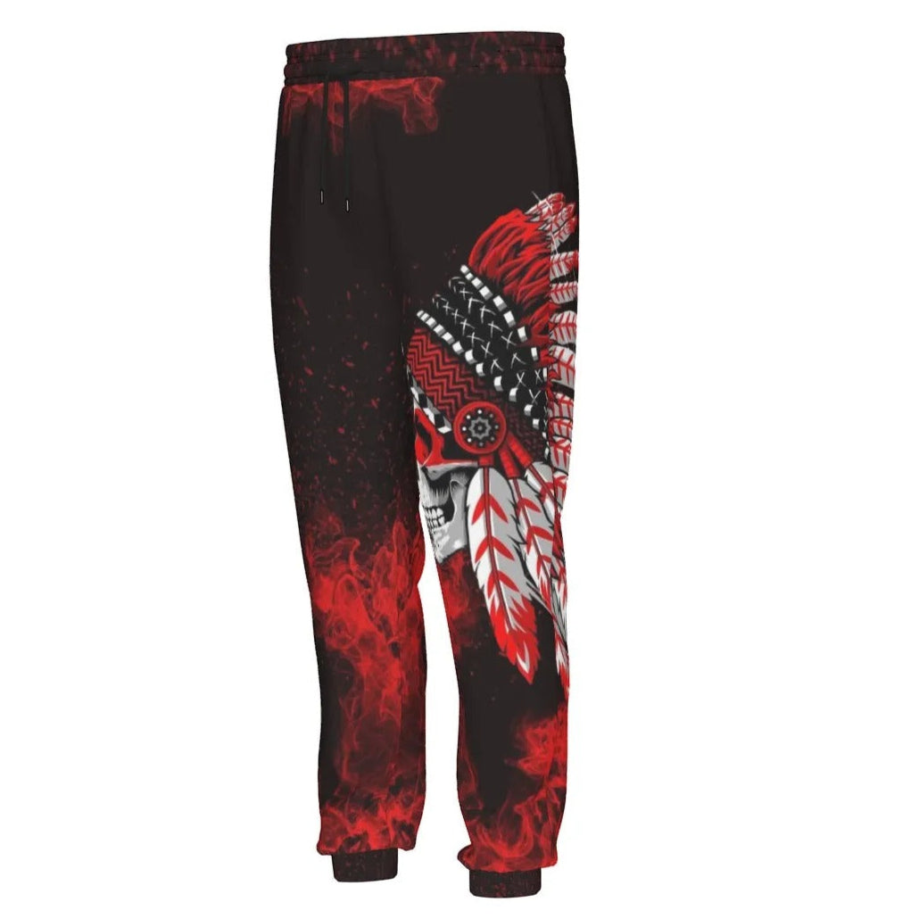 Native American Skull Joggers, Red Feather Headdress Pants, Tribal Gothic Sweatpants, Red Smoke Graphic Bottoms, Warrior Biker Style