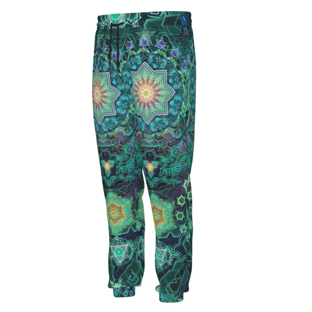 Yantric Geometry Joggers, Sacred Mandala Sweatpants, Mystic Green Pattern Pants, Spiritual Visionary Art Bottoms, Psychedelic Festival Wear