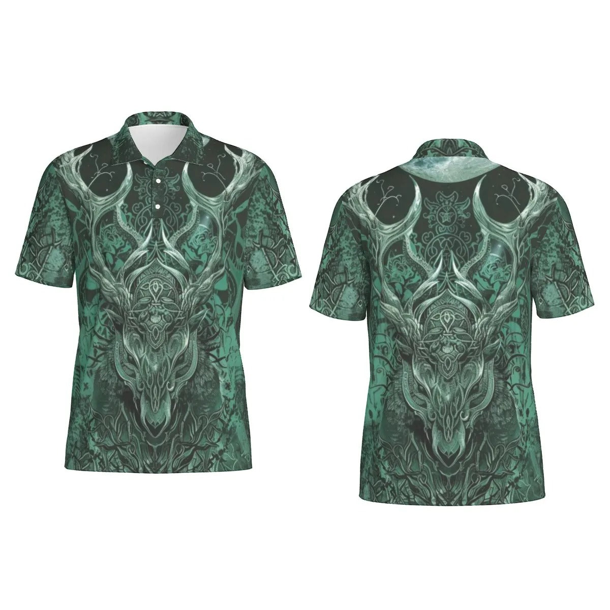 Viking Polo Shirt with Antler Design For Men, Norse Mythology Inspired Graphic Polo, Medieval Fantasy Clothing, Tribal Nature Fashion