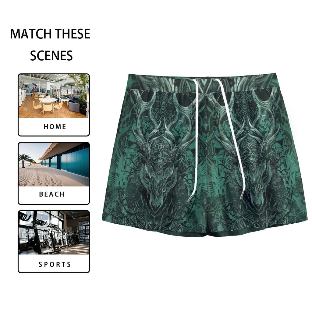 Viking Mesh Shorts with Antler Design, Norse Mythology Inspired Athletic Shorts, Tribal Graphic Beachwear, Fantasy Sports Clothing