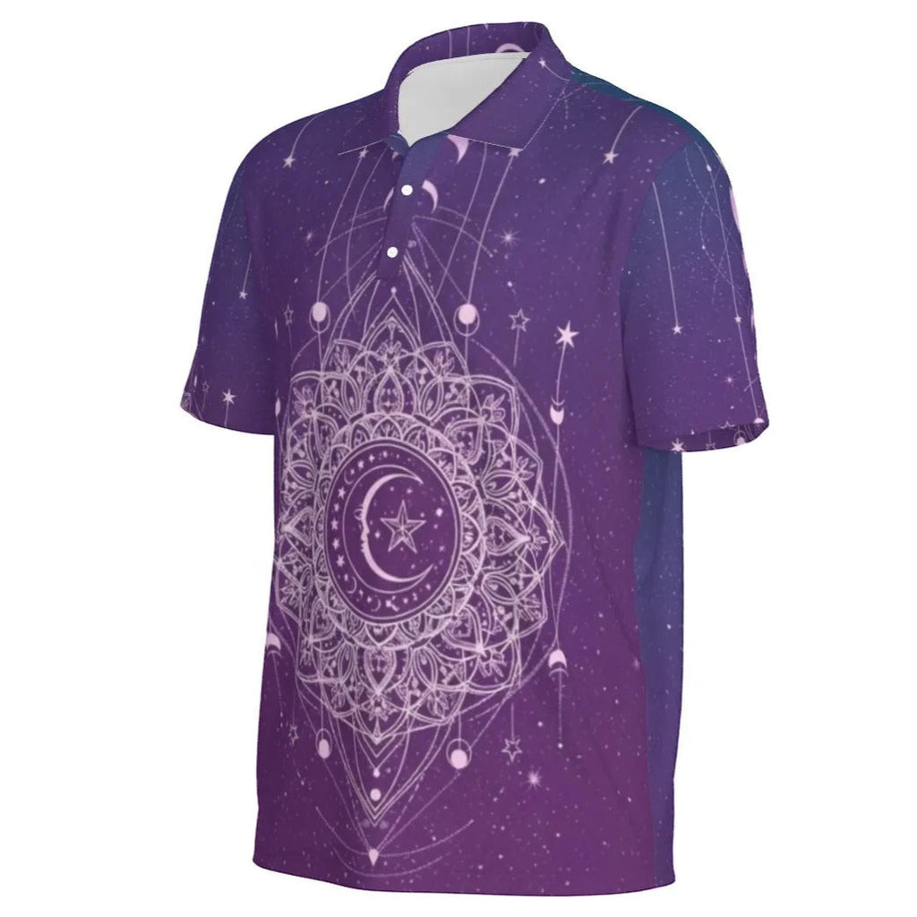 Mystic Lunar Mandala Men’s Polo, Moon Phase Spiritual Shirt, Celestial Lotus Polo Top, Sacred Geometry Cosmic Wear, Boho Mystic Style