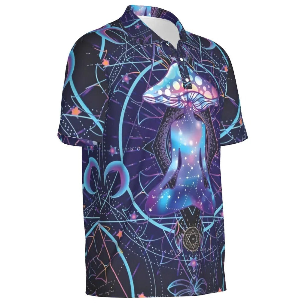 Mystic Mushroom Awakening Men’s Polo, Psychedelic Spiritual Shirt, Cosmic Mushroom Print Polo, Visionary Art Top, Boho Festival Style