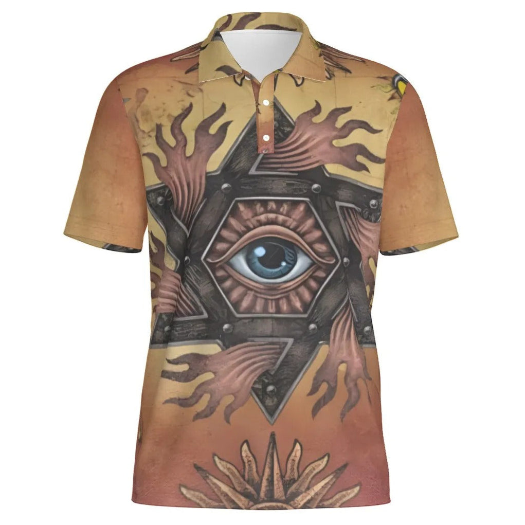 Mystic Eye Mandala Men’s Polo Shirt, Sacred Geometry Embroidered Polo, Spiritual Esoteric Casualwear, Visionary Art Golf Shirt
