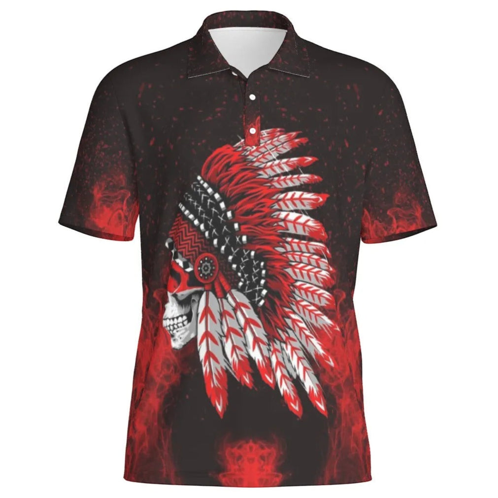 Native American Skull Men’s Polo, Red Feather Headdress Shirt, Tribal Gothic Polo, Red Smoke Graphic Top, Warrior Biker Style