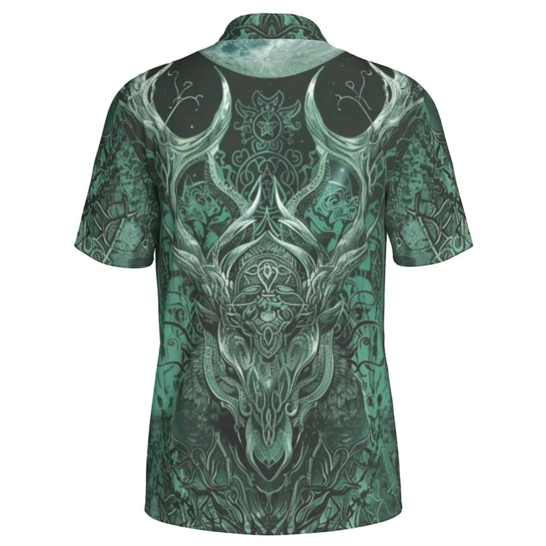 Viking Polo Shirt with Antler Design For Men, Norse Mythology Inspired Graphic Polo, Medieval Fantasy Clothing, Tribal Nature Fashion