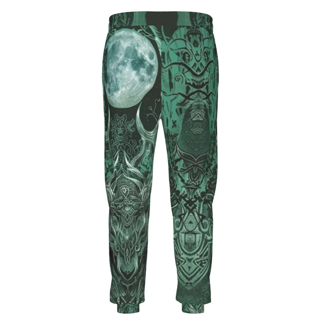 Viking Moon Joggers, Norse Rune Green Sweatpants, Tribal Nordic Pants, Mystic Lunar Graphic Bottoms, Warrior Spirit Streetwear